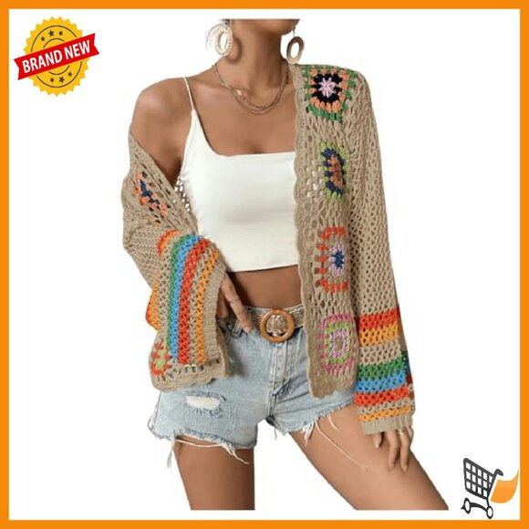 Floral Crochet Cardigan Open Front Long Sleeve Lightweight Sweater - Picture 6 of 7